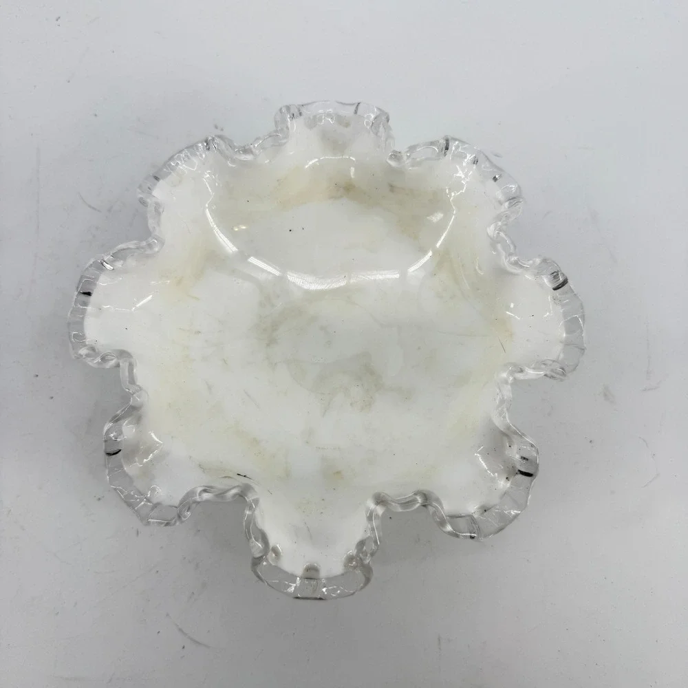Vtg Fenton Silver Crest Milk Glass Compote Bowl Ruffled Edge Pedestal Candy Dish